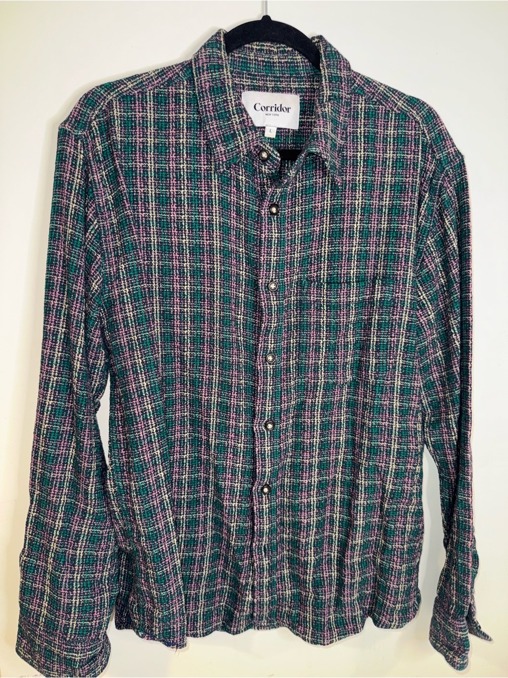 Corridor New York Men’s L Fern Meadow Green Pink Textured Plaid Shirt